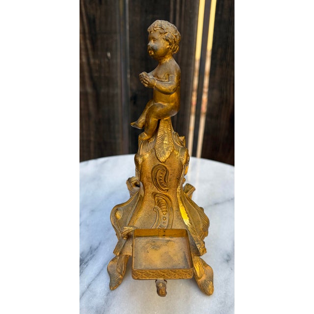 Rococo Antique French Rococo Gilt Brass Cherub Figural Double Inkwell Desk Stand 7.5” For Sale - Image 3 of 8