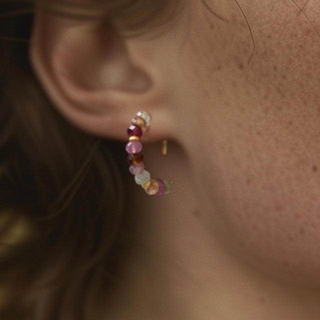 Rainbow Tourmaline Half Moon Earring 14k Gold Hoop-Set of 2 For Sale - Image 9 of 9