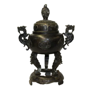 Chinese Oriental Dark Brown Bronze Metal Incense Burner Display