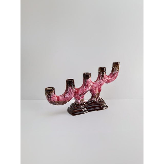 Brutalist Style Pink and Brown Ceramic Drip Glaze Candelabra from Vallauris, 1960s For Sale - Image 6 of 10