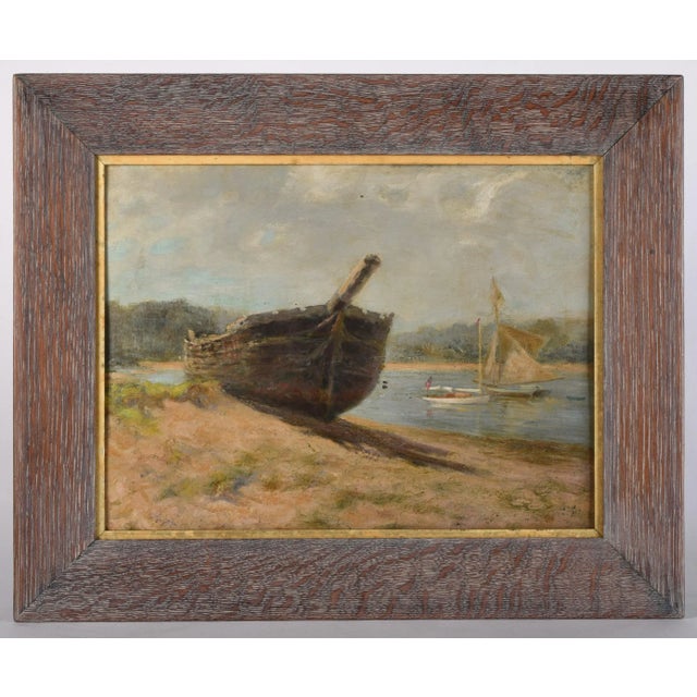 Antique Coastal Sailboat Coast Marine Oil Painting Beach Shipwreck For Sale - Image 9 of 9
