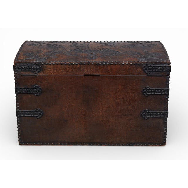 Charles II Wrought-Iron Mounted Brass-Studded Leather Coffer Trunk With Drawers For Sale - Image 10 of 12