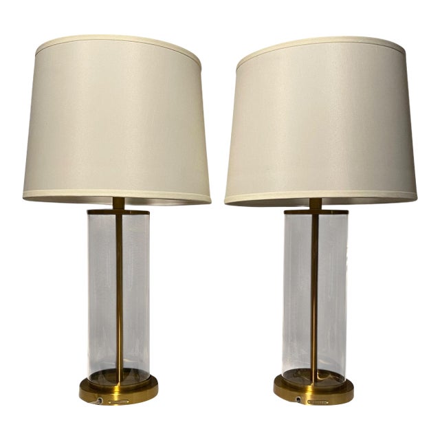 Pair of Vintage Ralph Lauren Glass and Brass Table Lamps For Sale