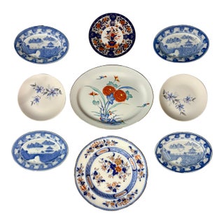 Imari Cobalt Blue and Iron-Red Japanese Floral Themed Decorative Plate Curation-Set of 9 For Sale