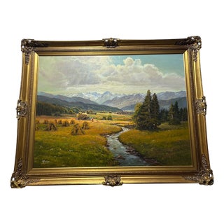 Wolfgang Heinz, Alpine Idyll with Farmers Harvesting, 1950s, Oil on Canvas, Framed For Sale