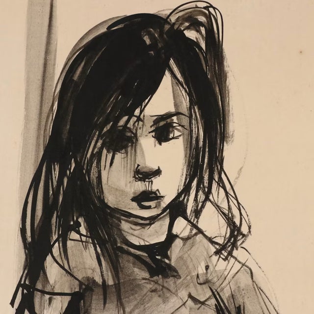 Realism 1970s Ruth Schloss Original Ink Portrait Drawing Small Girl Signed For Sale - Image 3 of 9