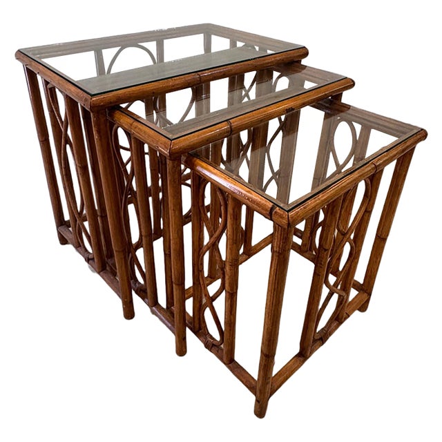 Vintage Burnt Bamboo Rattan Nesting Tables With Glass Tops, Set of 3, C. 1970s For Sale