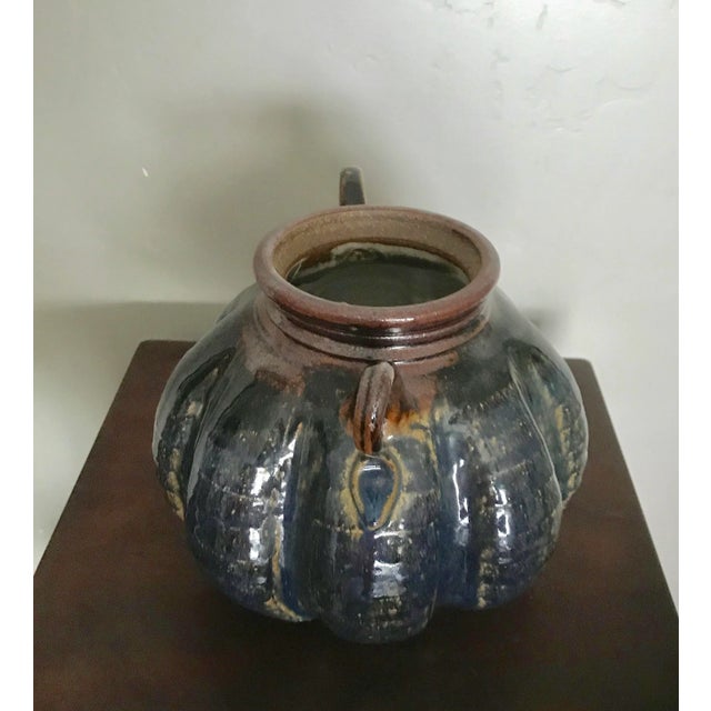 Vintage Blue Glaze Studio Vase With Handles For Sale - Image 4 of 6
