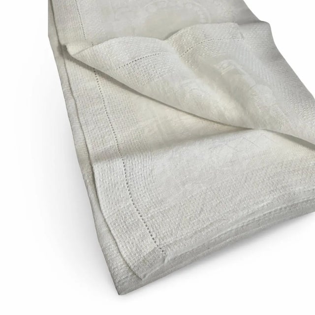 Vintage French Linen Damask Towel with Woven Diamond Motif and Hemstitch Border For Sale In Philadelphia - Image 6 of 9