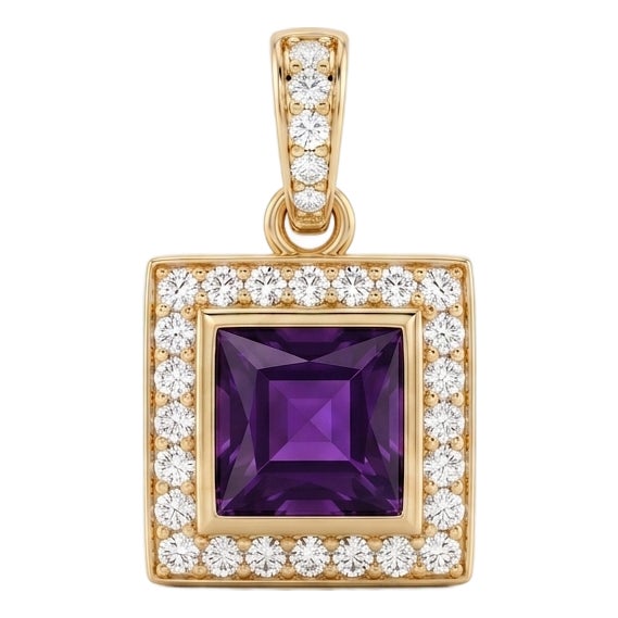 Amethyst Square Pendant | Purple Gemstone Necklace | February Birthstone Gift | Dainty Statement Pendant for Woman For Sale