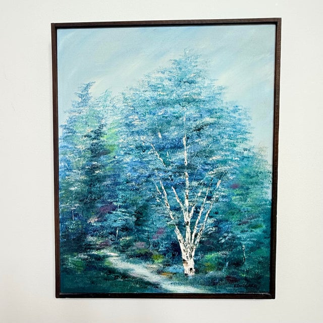 Mid-Century Modern Vintage Signed E. Dutcher Birch Landscape Painting in Blue-Green Tones For Sale - Image 3 of 8