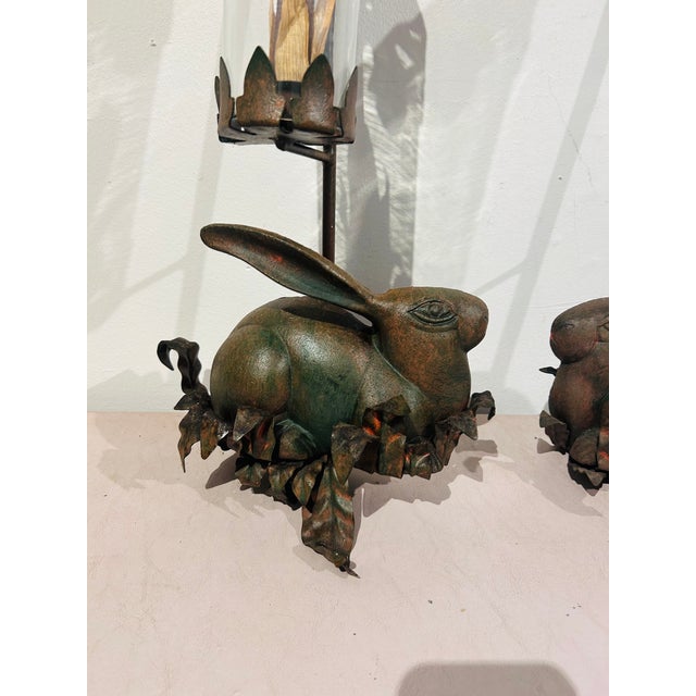 Metal Pair of Vintage Cast Iron Rabbit Candlestick Sconces Large 25" Long For Sale - Image 7 of 14