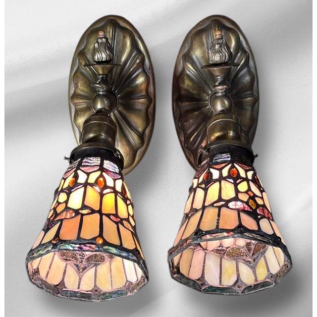 Art Deco 1920s Brass Beardslee Sconce Set With Leaded Glass Shades - a Pair For Sale - Image 3 of 10