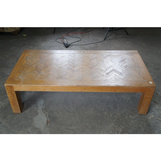 Wood 1970s Mid Century Modern Parsons Style Oak Herringbone Coffee Cocktail Table 58" For Sale - Image 7 of 13