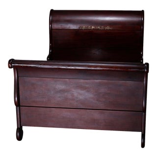 1870 Antique Napoleon III Empire Mahogany & Ormolu Sleigh Bed, Full Size For Sale