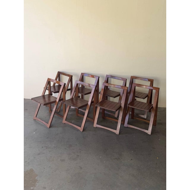 Mid-Century Modern Set of 8 Mid Century Modern Folding Wood Chairs – Made in Romania, 1970s For Sale - Image 3 of 10