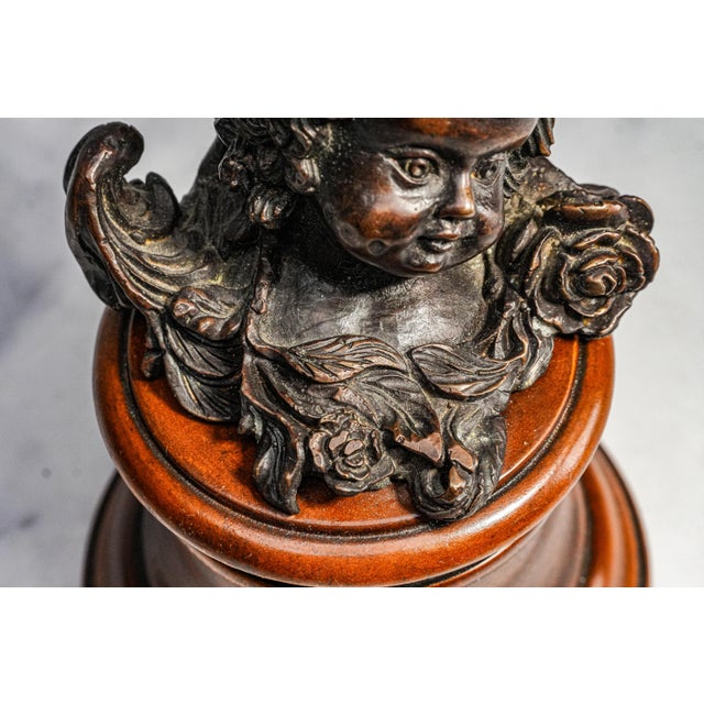 Classic Antique Bronze Cherub Bust Sculpture on Wood Pedestal Edwardian Putti Figure For Sale - Image 4 of 11