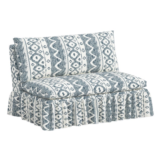Capra Ruffle Settee in Linny Ikat Slate For Sale
