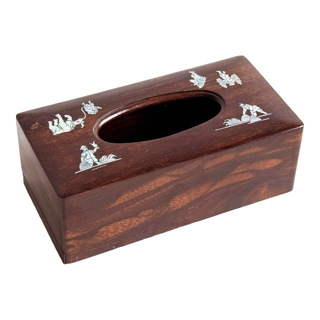 Vintage Asian Rosewood Tissue Box Cover With Mother-of-Pearl Inlay For Sale