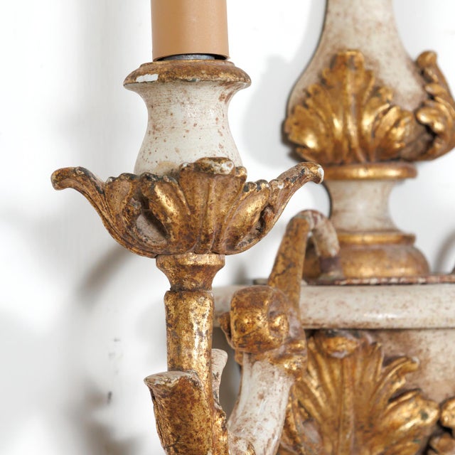 Wood Vintage 20th Century Pair Italian Painted and Parcel Gilt Hand Carved Wooden 2-Light Sconces For Sale - Image 7 of 10
