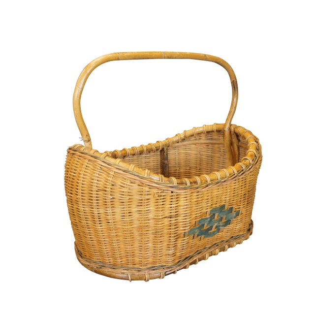 Extra large vintage woven wicker country farmhouse basket featuring an oval shape with boat shaped top edge, green diamond...
