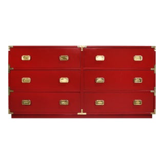 1970s Campaign Style 6 Drawer Credenza in Red - Newly Painted For Sale