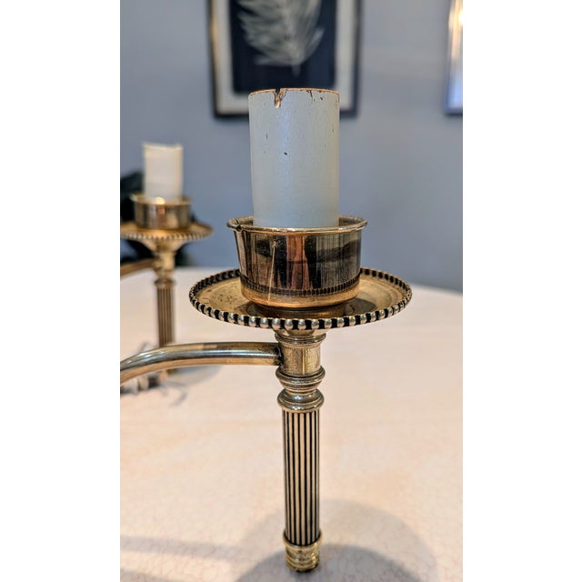 Vintage Brass Bouillotte Chandelier 5-Light Etched Glass Globes For Sale - Image 9 of 15