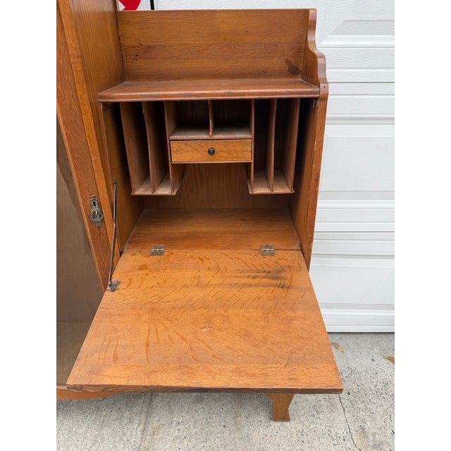 Antique Victorian Art Nouveau Oak Combination Secretary Desk and Curved Glass Bookcase With Ornate Carved Details For Sale - Image 11 of 12