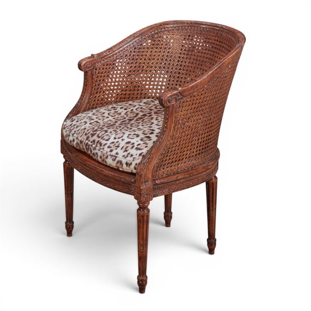 Louis XVI Carved Oak & Cane Barrel-Back Armchairs With Leopard Upholstery-Set of 6 For Sale - Image 9 of 13