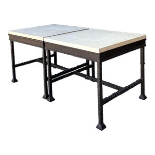 Vintage Stone Top Twisted Iron Side Tables - A Pair For Sale