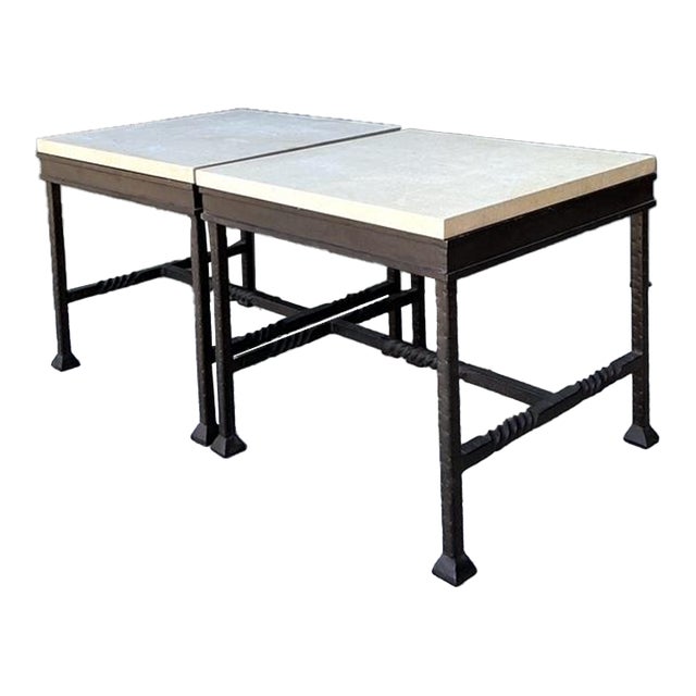 Vintage Stone Top Twisted Iron Side Tables - A Pair For Sale
