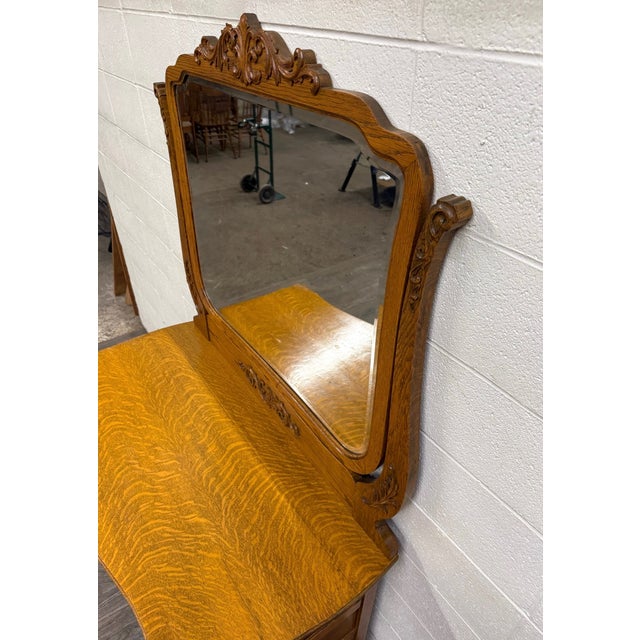 Antique Victorian Tiger Oak Serpentine Dresser With Beveled Mirror For Sale - Image 12 of 17