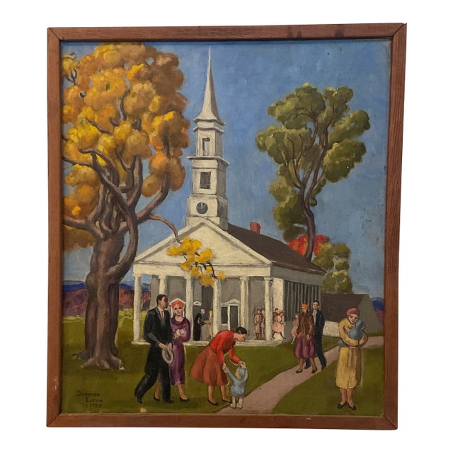 Oil on Canvas of a New England Church by Dorothy Eaton Dated 1956 For Sale