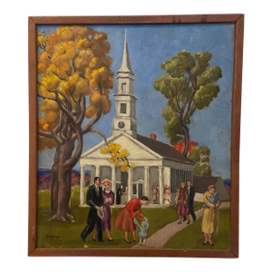 Oil on Canvas of a New England Church by Dorothy Eaton Dated 1956