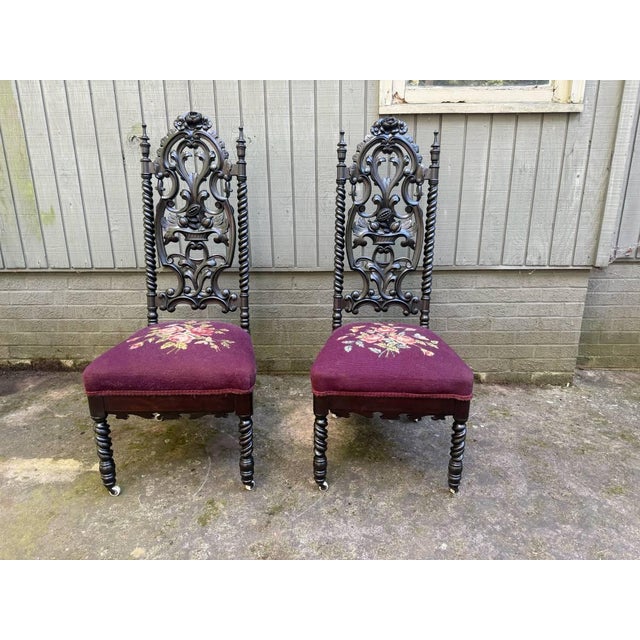 19th Century Pair Antique Victorian Gothic Hand Carved Barley Twist Upholstered Needlepoint Seat Chairs For Sale - Image 17 of 17