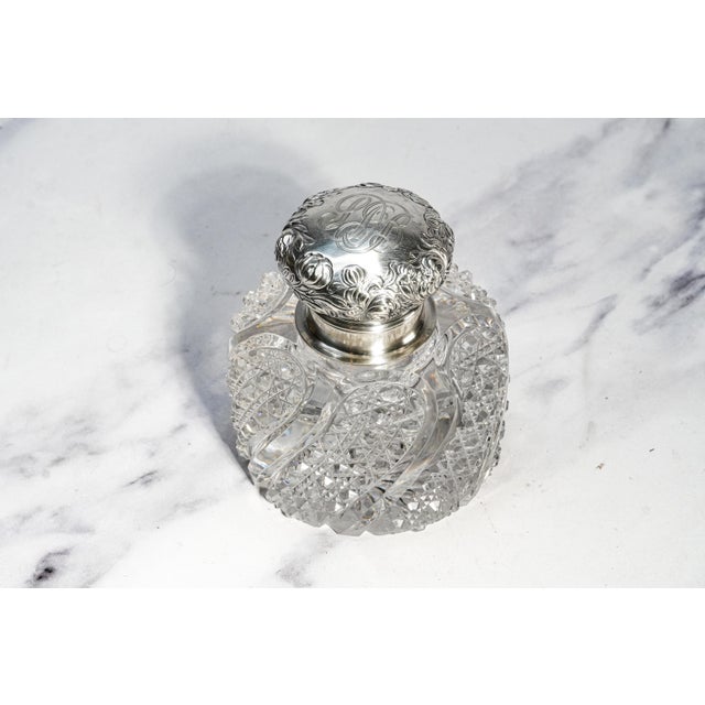 Magnificent Large Paperweight Style Cut Crystal Antique Victorian Sterling Silver Desk Inkwell Home Decor For Sale - Image 11 of 18