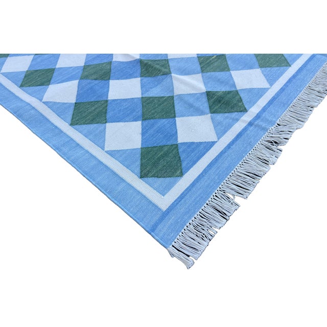 Not Yet Made - Made To Order Handmade Cotton Area Rug, Forest Green, Sky Blue and Cream Small Checked Dhurrie - 8'x10' For Sale - Image 5 of 13