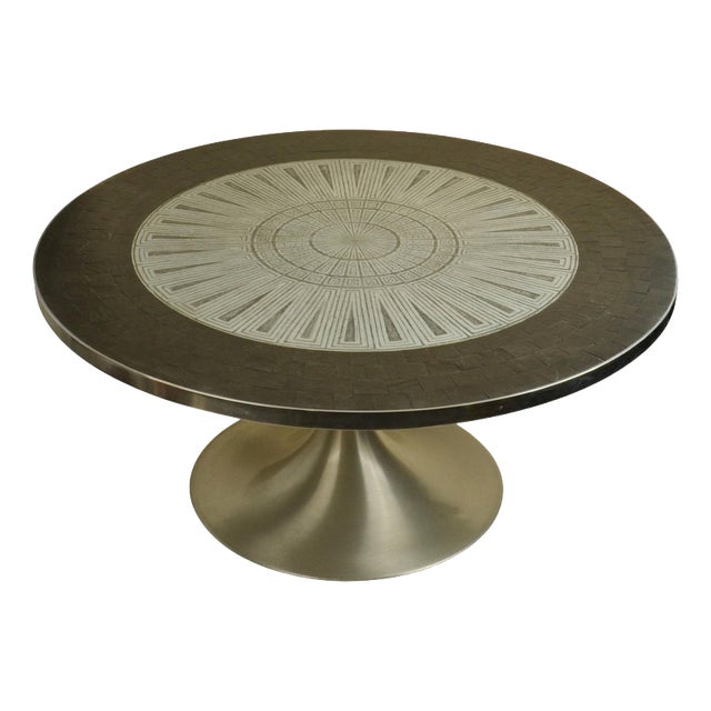 Tulip Coffee Table with Etched Metal and Slate Top attributed to Heinz Lilienthal, 1960s For Sale