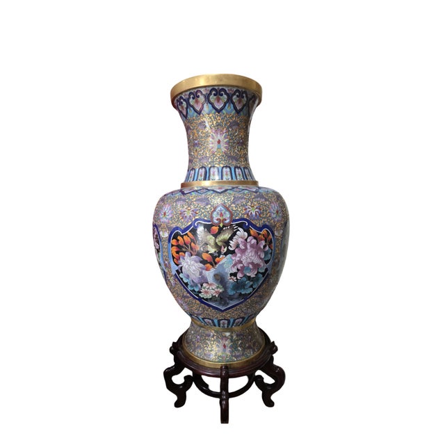 “Exceptional large vintage Chinese cloisonné enamel on brass floor vase featuring intricate hand-applied enamel decoration...