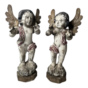 Pair Antique Hand Carved Santos Winged Cherubs Angels