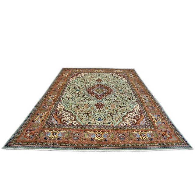 Antique 1930s Persian Tabriz Wool 9x13 Light Green & Light Clay Handmade Area Rug #9902254