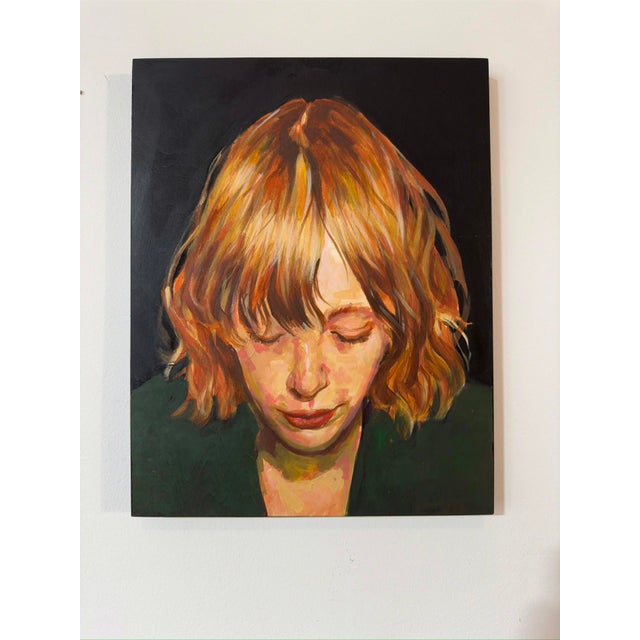 At The Verde River by Fikriye Oz | Oil On Wood Portrait of a woman with short, wavy hair. For Sale