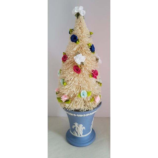 1960s Vintage 13.5" Wedgewood Blue Trumpet Posey Pot "Four Seasons" Cherubs, Bottle Brush Tree & Satin Roses For Sale - Image 5 of 5