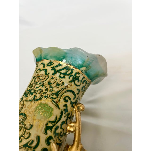 Vintage Chinoiserie Green & Gold Scrollwork Vase With Dragon Handles For Sale - Image 10 of 10