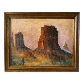 Vintage American Southwest Landscape Framed Original Oil Painting, Gold, Lavender, Burnt Orange For Sale