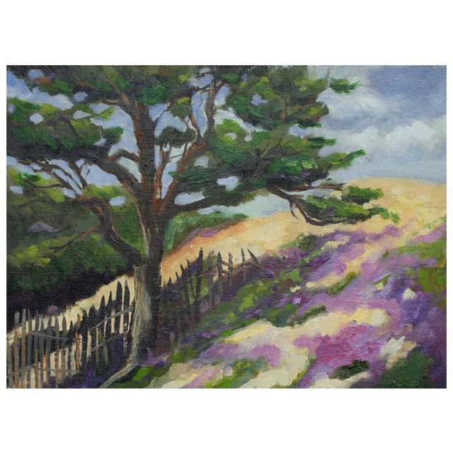 Beautiful California landscape of a tall cypress tree on a hilltop with soft green and lavender tones by Monterey artist...