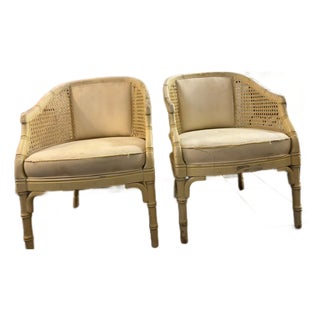 Vintage Solid Wood Faux Bamboo & Cane Barrel Chairs - Pair - Needs Reupholstery For Sale