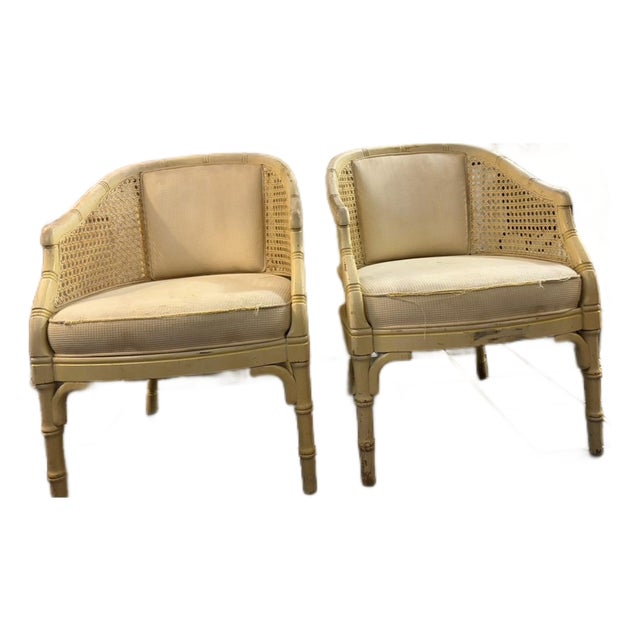 Vintage Solid Wood Faux Bamboo & Cane Barrel Chairs - Pair - Needs Reupholstery For Sale