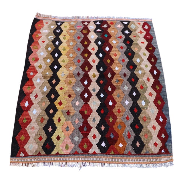 1990s Anatolian Ikat Design Natural Wool Handmade Kilim Rug For Sale