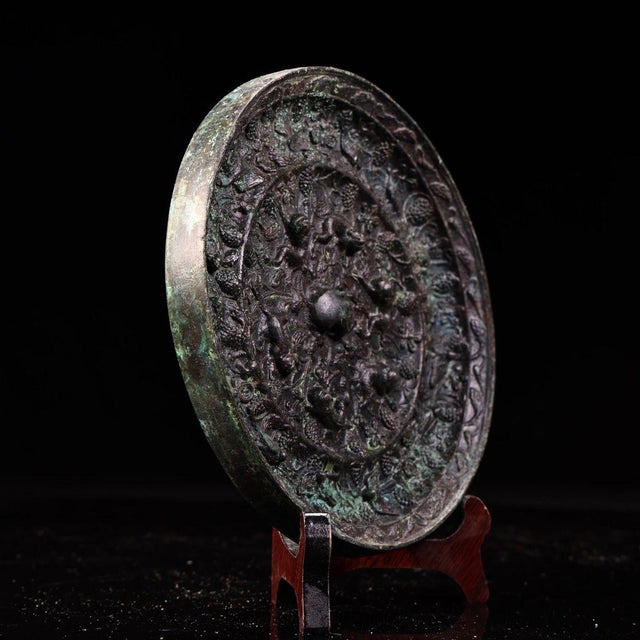 Asian Late 19th Century Bronze Mirror With Sea Beasts and Grapevine Motifs For Sale - Image 3 of 10